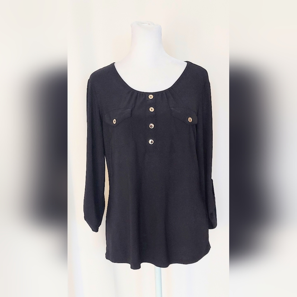 Per Seption Concept Roll Tab Sleeve Blouse Size Medium Black Silver Buttons